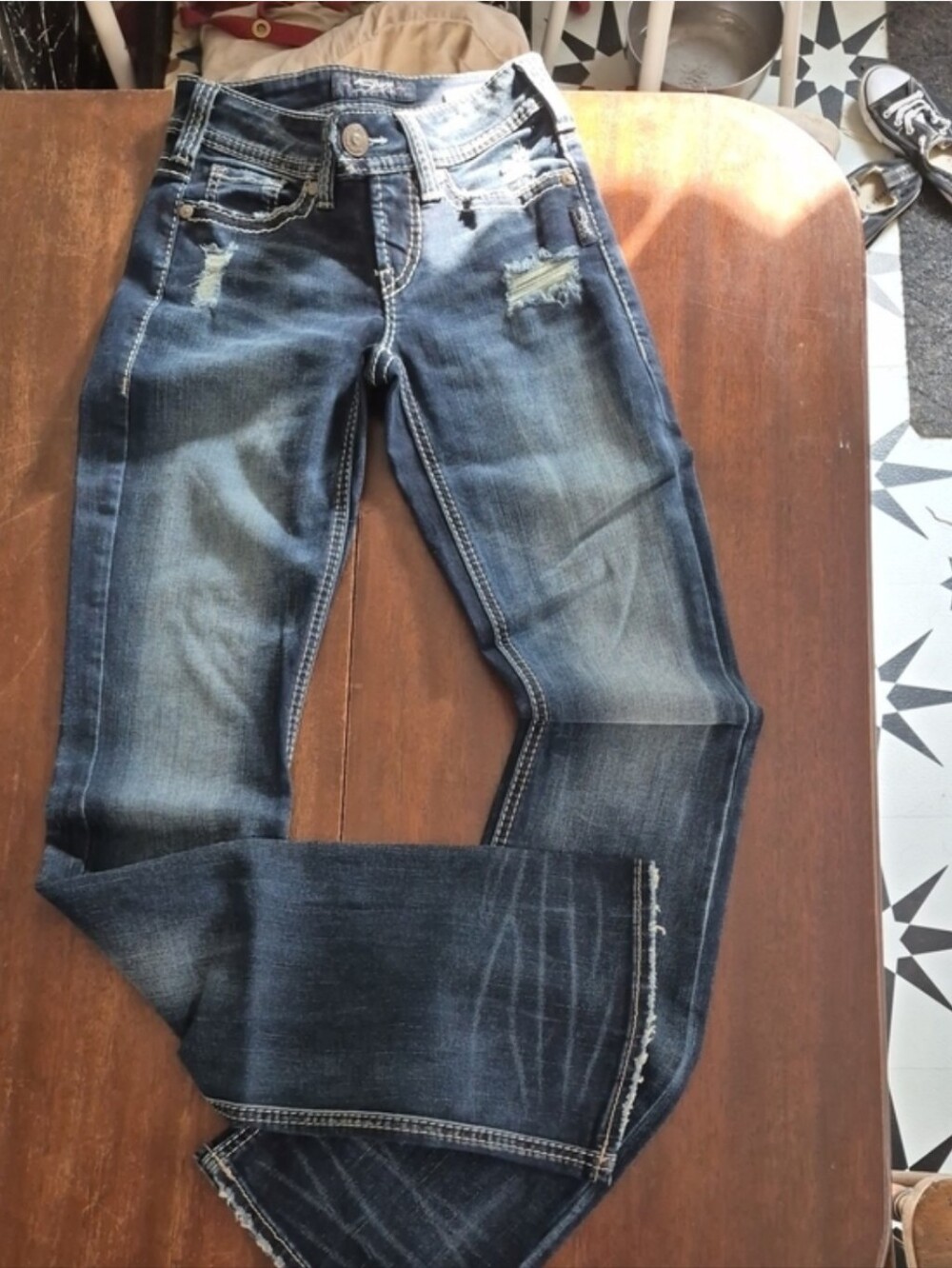Silver Jeans Dark Blue Distressed Wide Leg Jeans